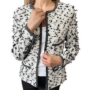 CHANEL Vintage CC Mark Logo Tweed Jacket White Black Nylon Open Front [105806]
